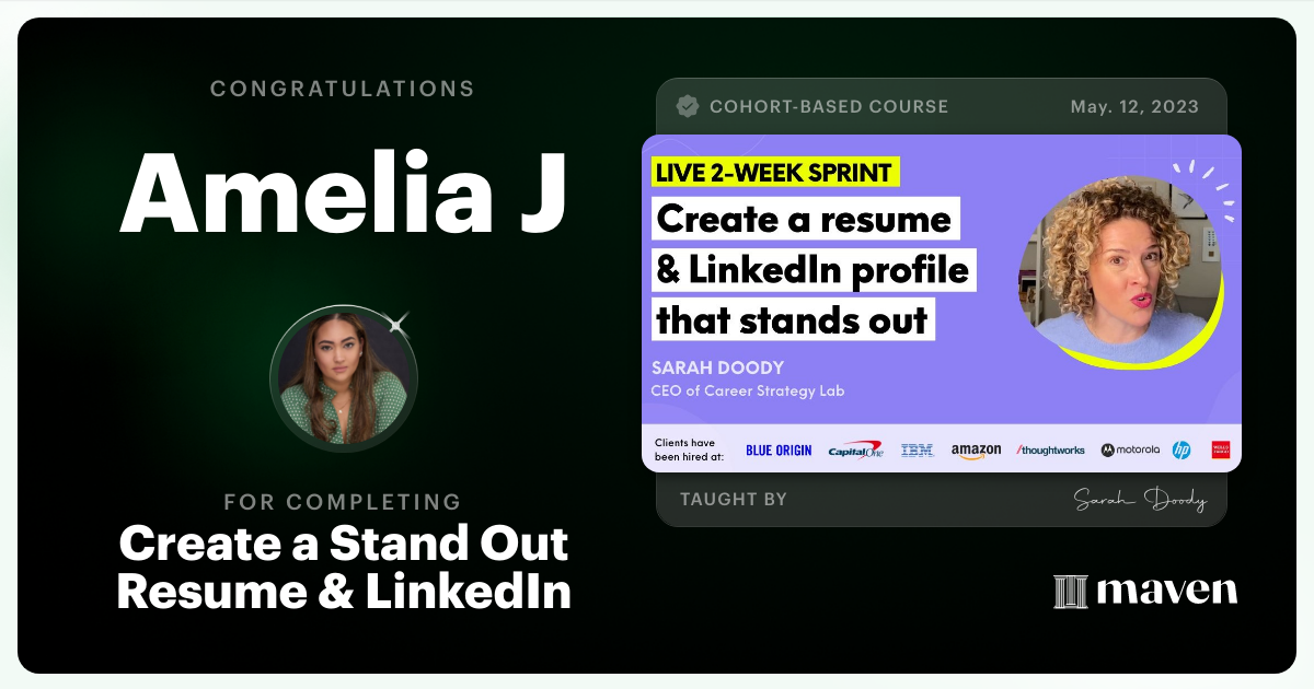 Certificate of Completion for Create A Stand Out Resume For Your Next UX, Product, or Tech Role