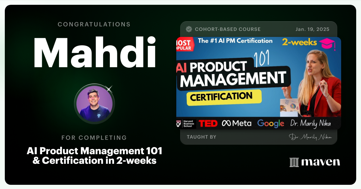 Certificate of Completion for AI Product Management 101 & Certification - Building AI Products end-to-end