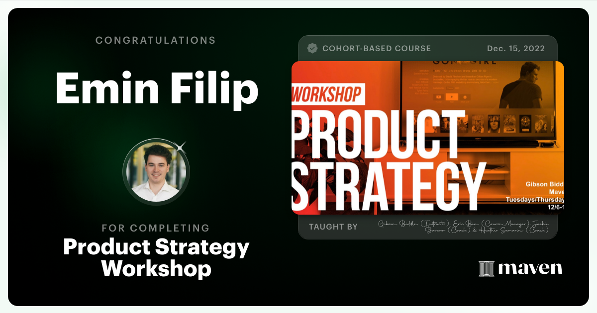 Certificate of Completion for Product Strategy Workshop 2022