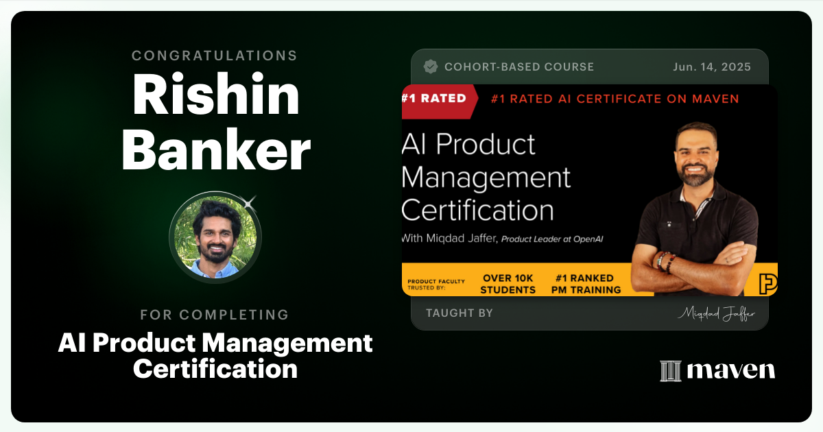 Certificate of Completion for AI Product Management Certification by Product Faculty