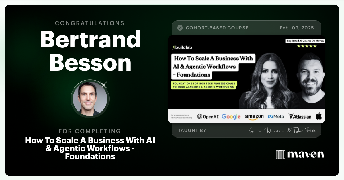 Certificate of Completion for How To Scale A Business With AI & Agentic Workflows - Foundations