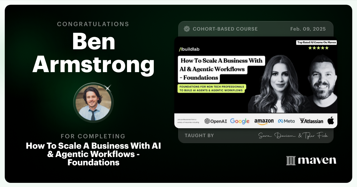 Certificate of Completion for How To Scale A Business With AI & Agentic Workflows - Foundations