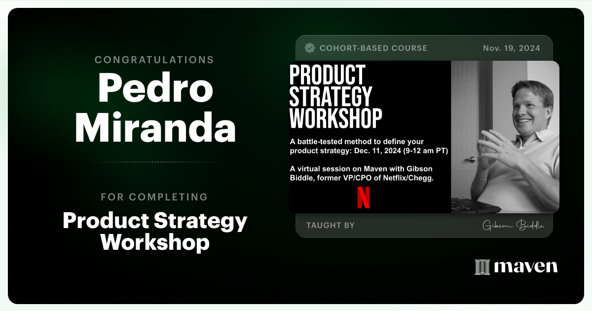 Certificate of Completion for Product Strategy Workshop