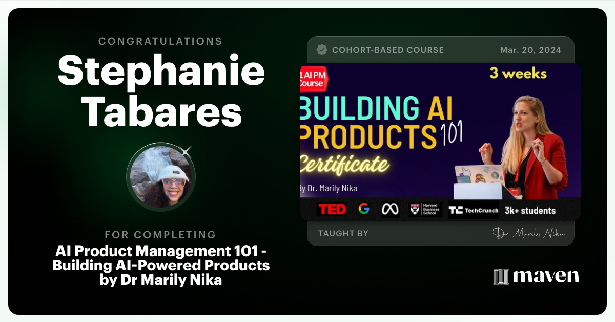 Certificate of Completion for AI Product Management 101 & Certification - Building AI Products end-to-end