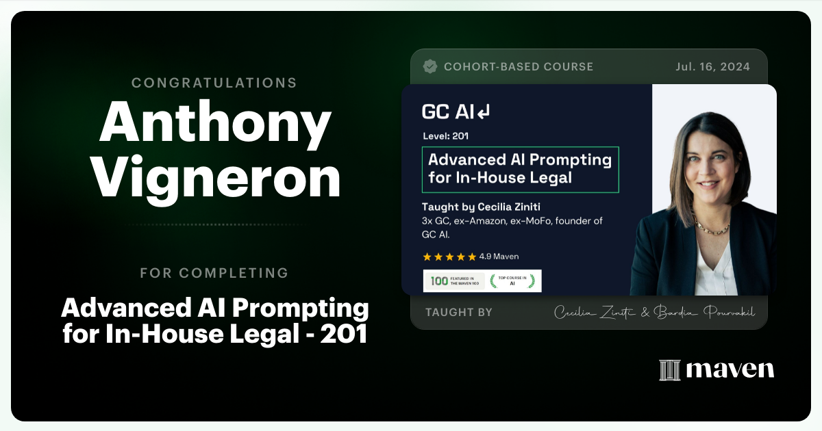 Certificate of Completion for Advanced AI Prompting for In-House Legal - 201