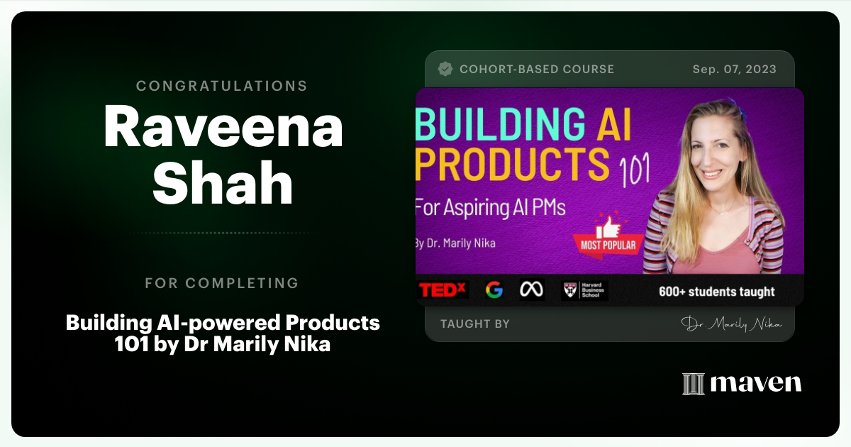 Certificate of Completion for AI Product Management 101 & Certification - Building AI Products end-to-end