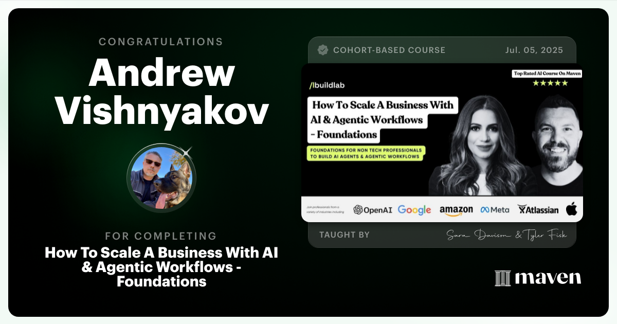 Certificate of Completion for How To Scale A Business With AI & Agentic Workflows - Foundations