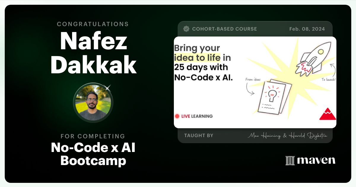 Certificate of Completion for No-Code x AI Bootcamp