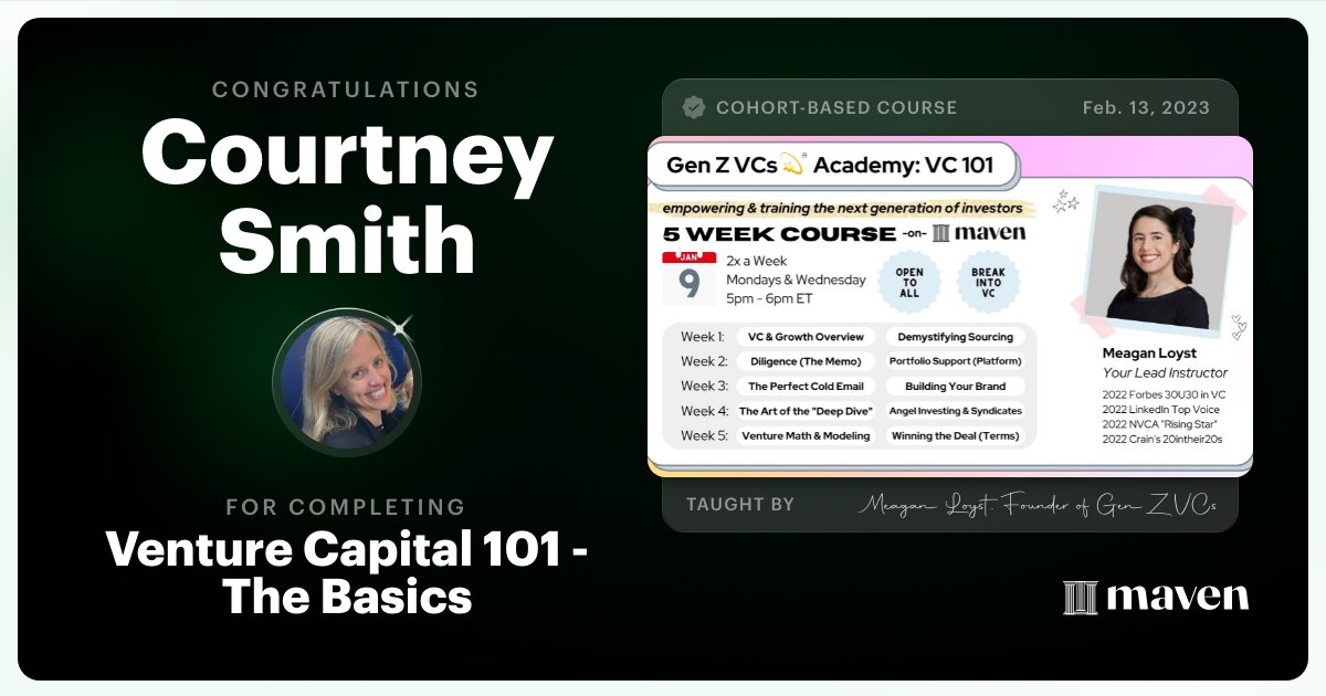 Certificate of Completion for Venture Capital 101 - The Basics