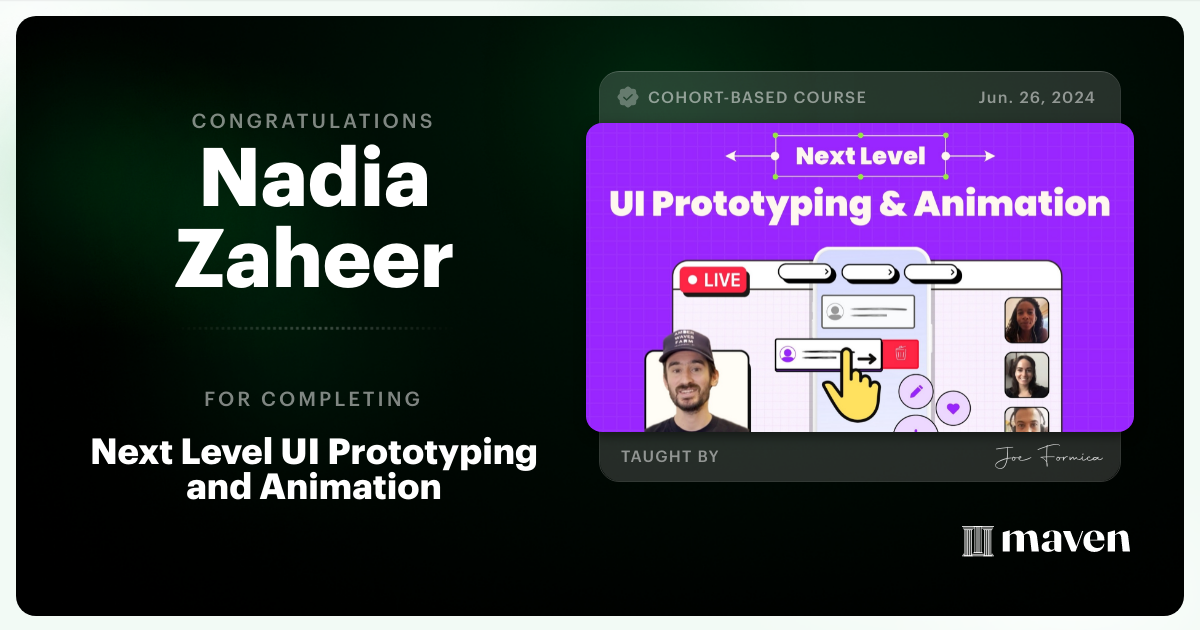 Certificate of Completion for Next Level UI Prototyping and Animation