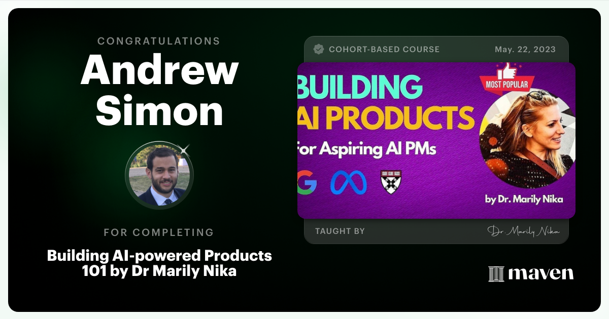 Certificate of Completion for AI Product Management 101 & Certification - Building AI Products end-to-end