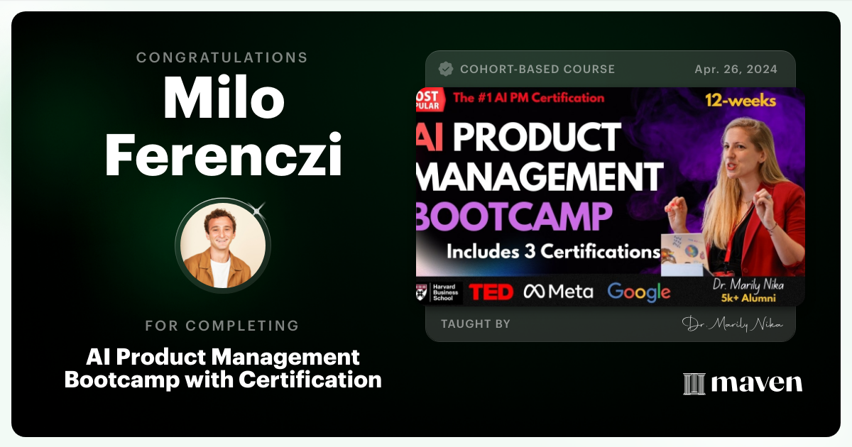 Certificate of Completion for AI Product Management Bootcamp & Certification by AI Product Academy