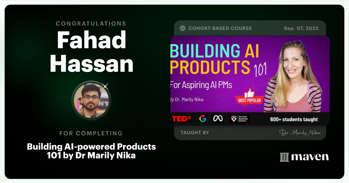 Certificate of Completion for AI Product Management 101 & Certification - Building AI Products end-to-end