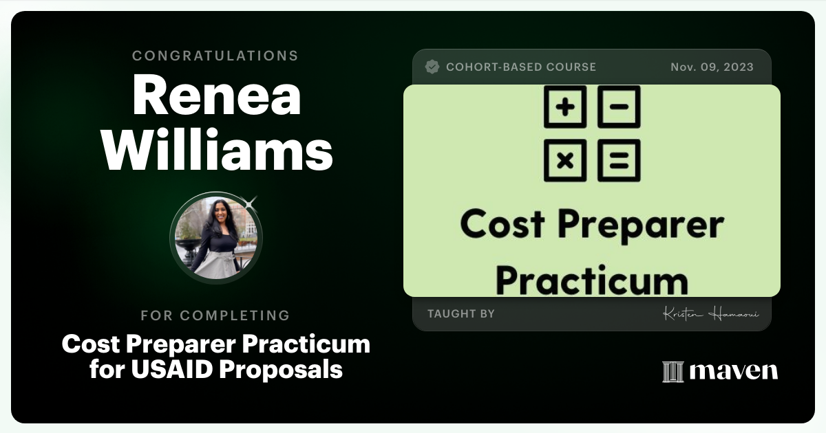 Certificate of Completion for Cost Preparer Practicum for USAID Proposals