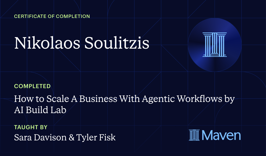 Certificate for How to Scale A Business With Agentic Workflows by AI Build Lab