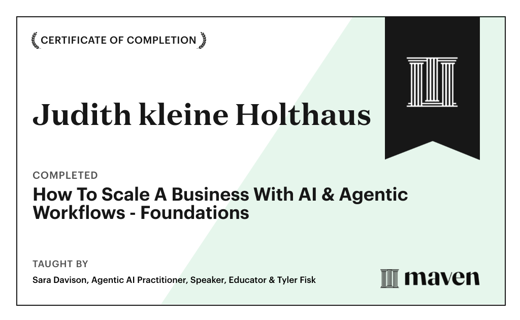 Certificate for How To Scale A Business With AI & Agentic Workflows - Foundations