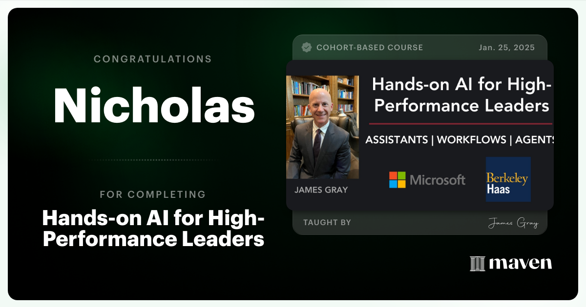 Certificate of Completion for Hands-on Agentic AI for Leaders