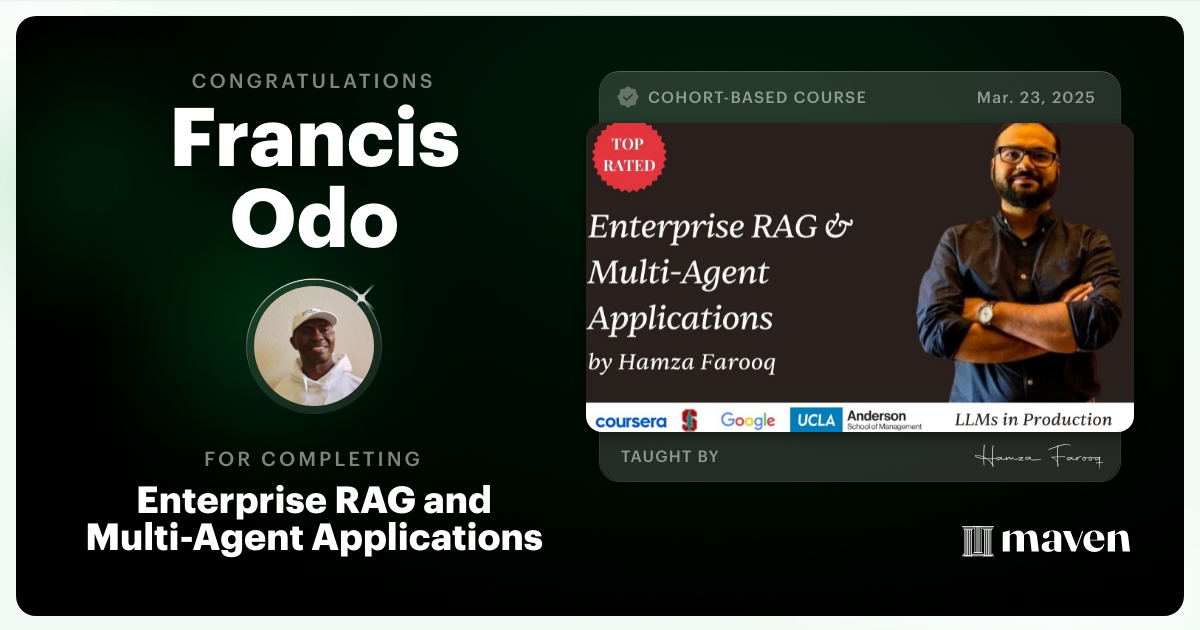 Certificate of Completion for Agent Engineering Bootcamp: Developers Edition