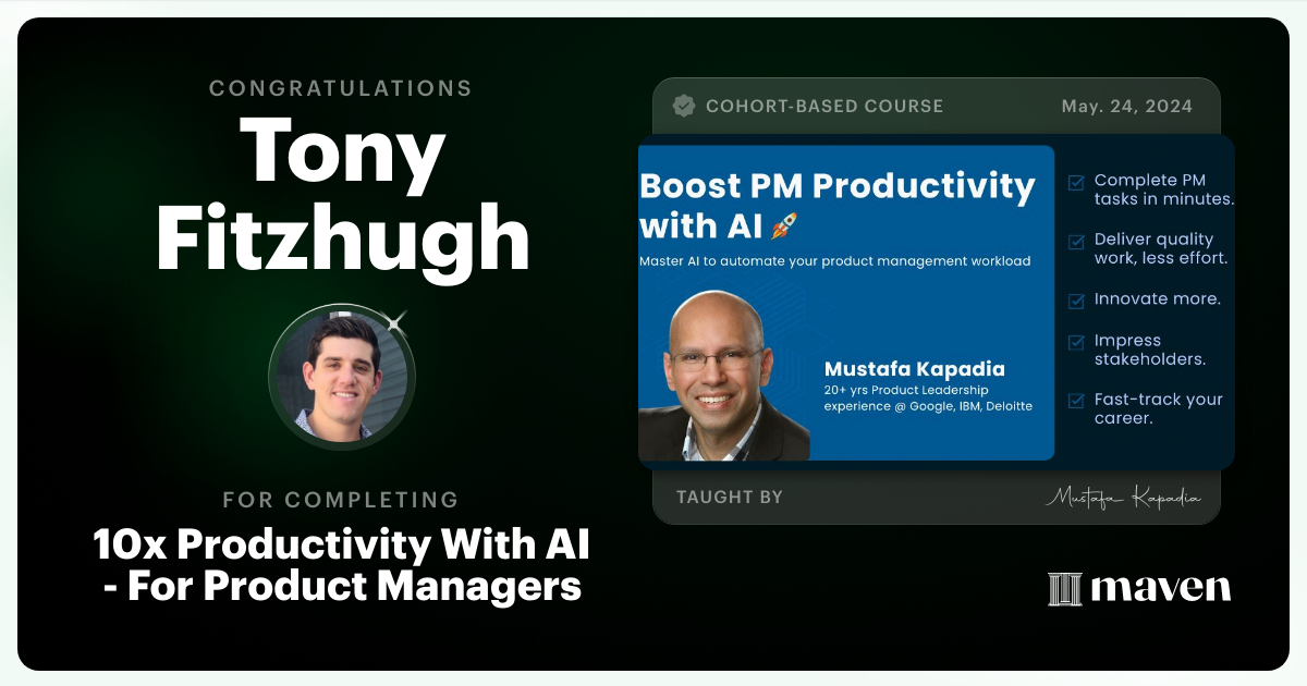 Certificate of Completion for Get Your Time Back: AI for Product Managers