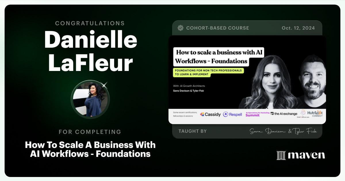 Certificate of Completion for How To Scale A Business With AI & Agentic Workflows - Foundations