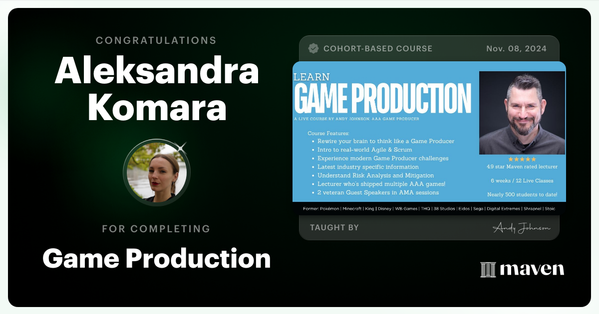 Certificate of Completion for Game Production – Think Like a Game Producer & Ship Games!