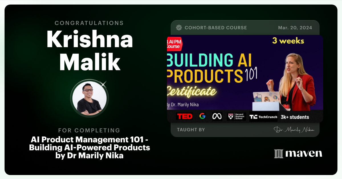 Certificate of Completion for AI Product Management 101 & Certification - Building AI Products end-to-end