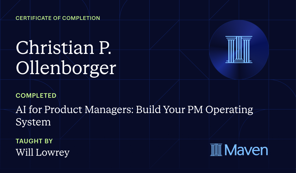Certificate for The Agentic PM Bootcamp: Build AI Product Systems with Claude Code