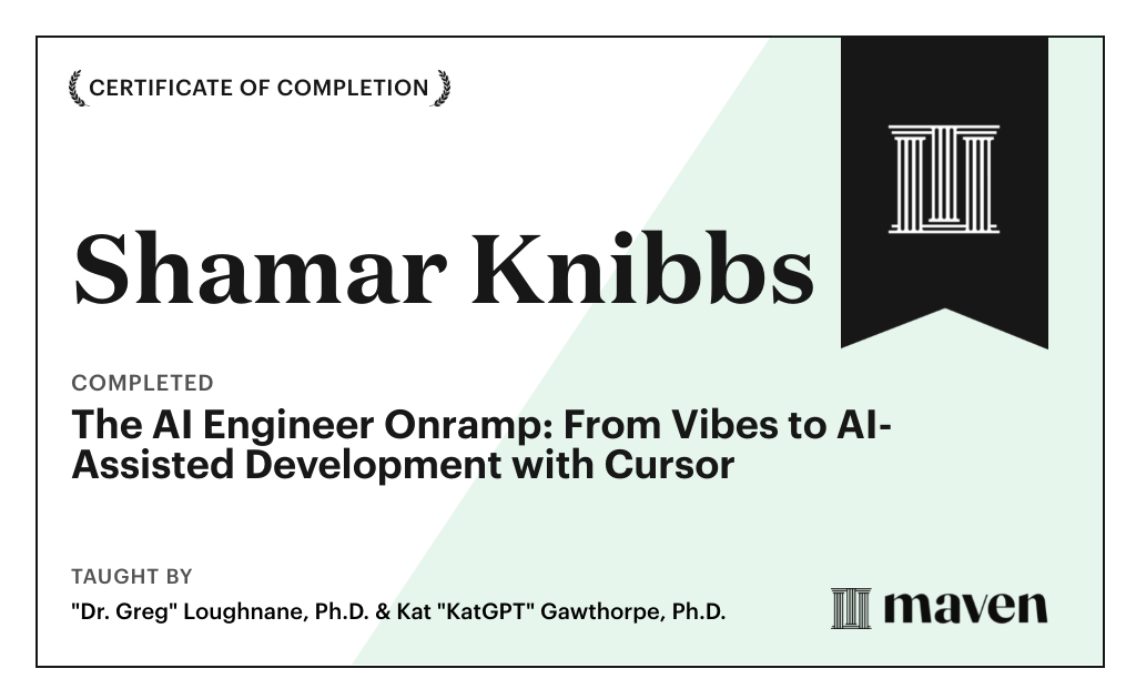Certificate for The AI Engineer Onramp: From Vibe Coding to AI-Assisted Development