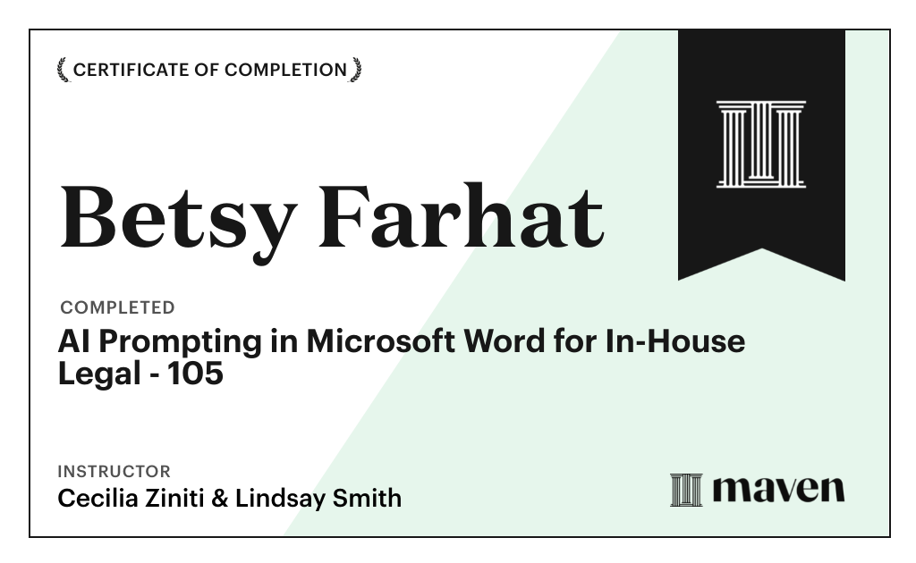 Certificate for AI Prompting in Microsoft Word for In-House Legal - 105