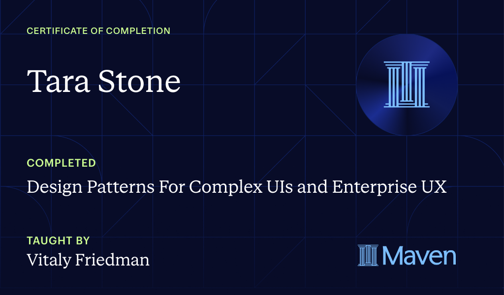 Certificate for Design Patterns For Complex UIs and Enterprise UX