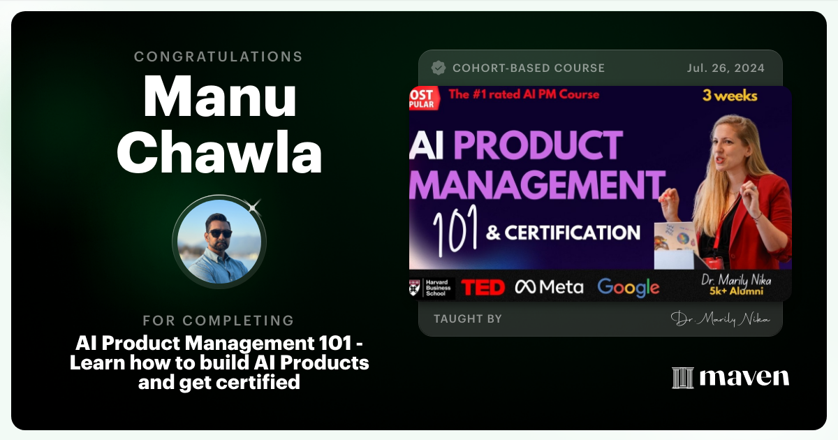 Certificate of Completion for AI Product Management 101 & Certification - Building AI Products end-to-end