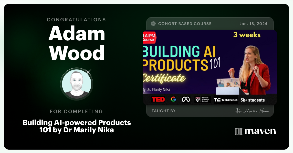 Certificate of Completion for AI Product Management 101 & Certification - Building AI Products end-to-end