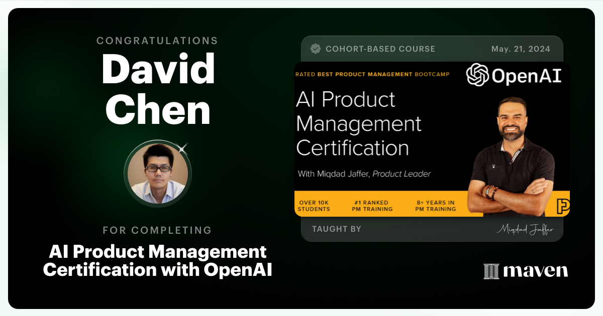 Certificate of Completion for AI Product Management Certification by Product Faculty