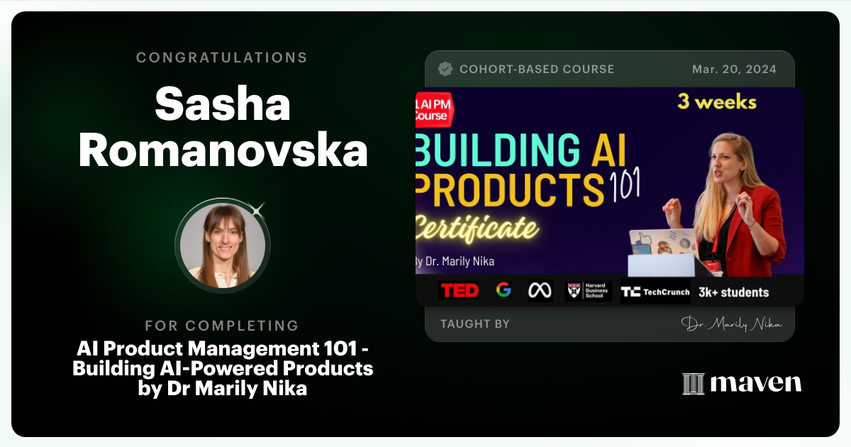 Certificate of Completion for AI Product Management 101 & Certification - Building AI Products end-to-end