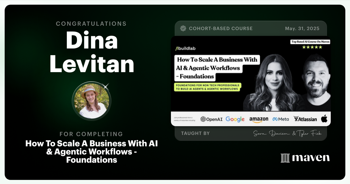 Certificate of Completion for How To Scale A Business With AI & Agentic Workflows - Foundations