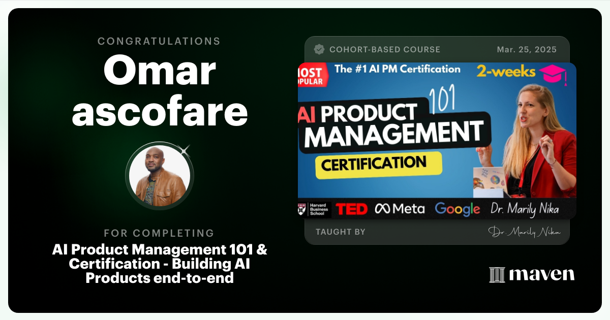 Certificate of Completion for AI Product Management 101 & Certification - Building AI Products end-to-end