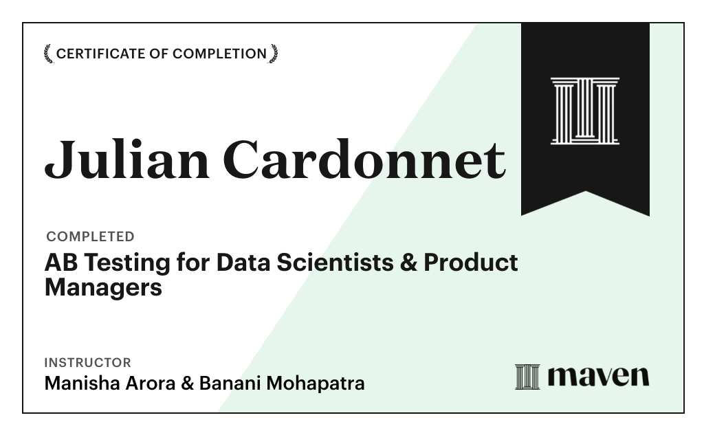 Certificate for AB Testing for Data Scientists & Product Managers