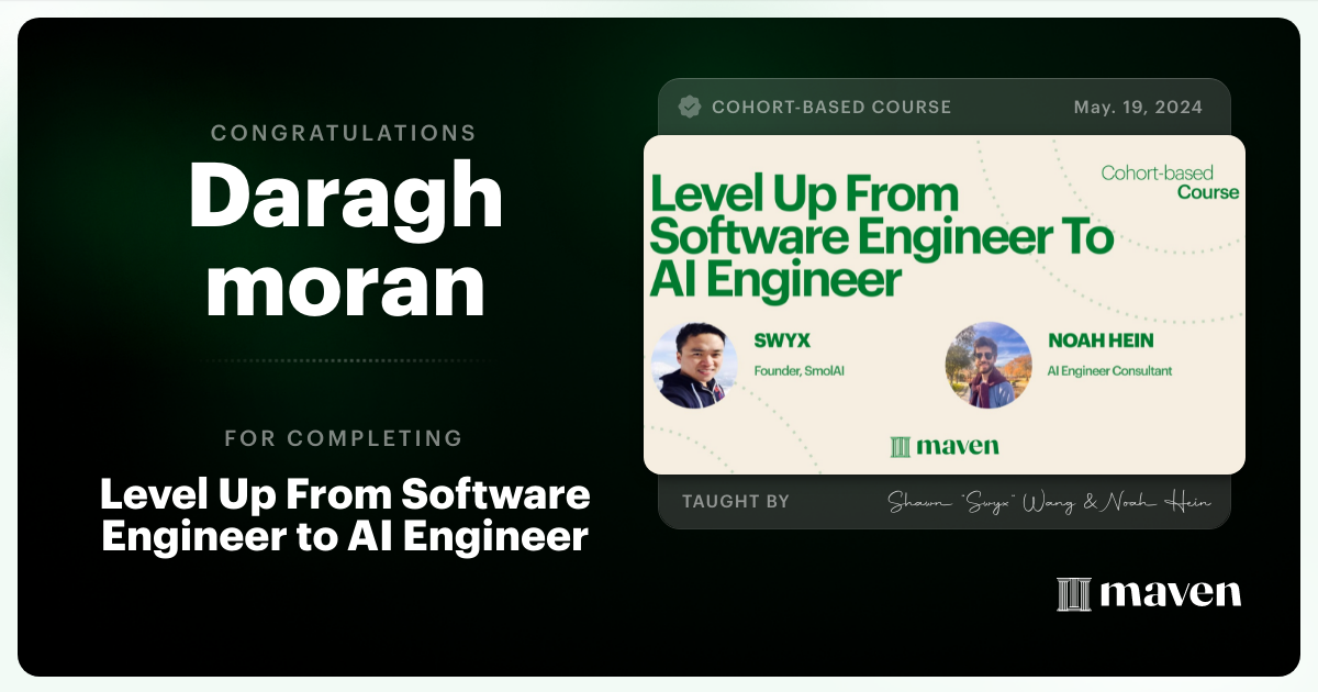 Certificate of Completion for Level Up From Software Engineer to AI Engineer
