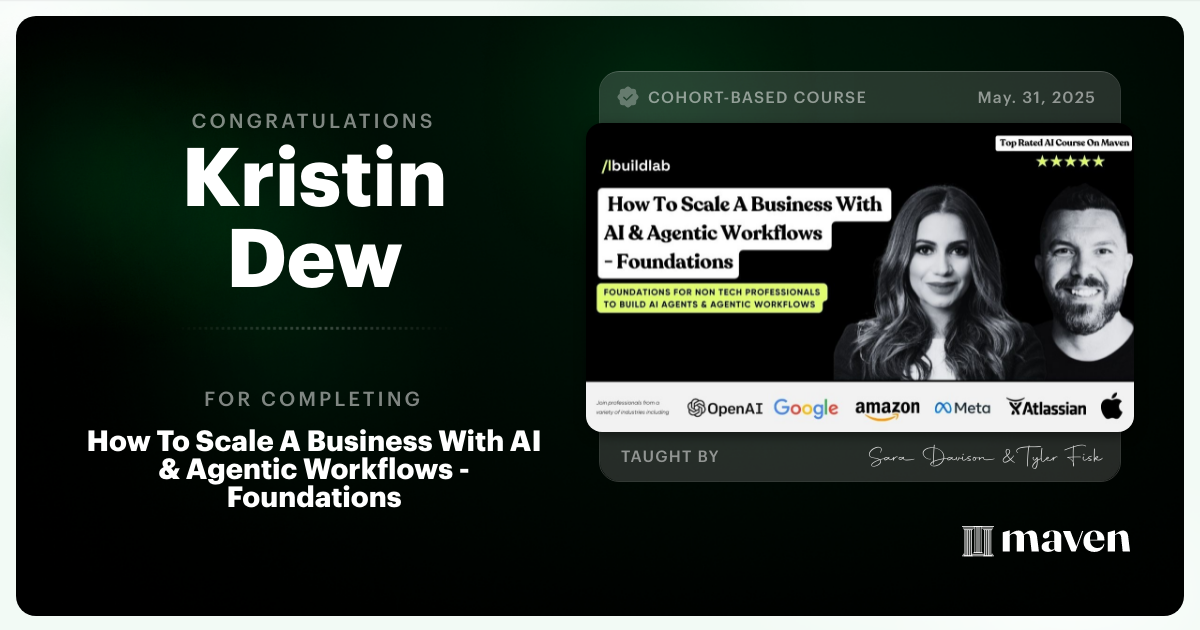 Certificate of Completion for How To Scale A Business With AI & Agentic Workflows - Foundations