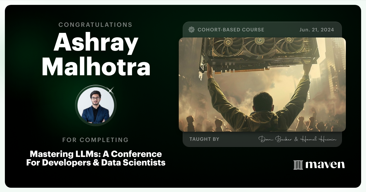 Certificate of Completion for Mastering LLMs For Developers & Data Scientists