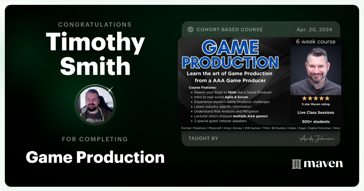 Certificate of Completion for Game Production – Think Like a Game Producer & Ship Games!