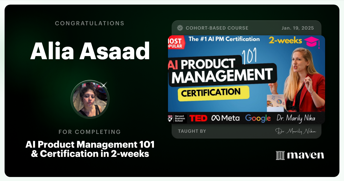 Certificate of Completion for AI Product Management 101 & Certification - Building AI Products end-to-end
