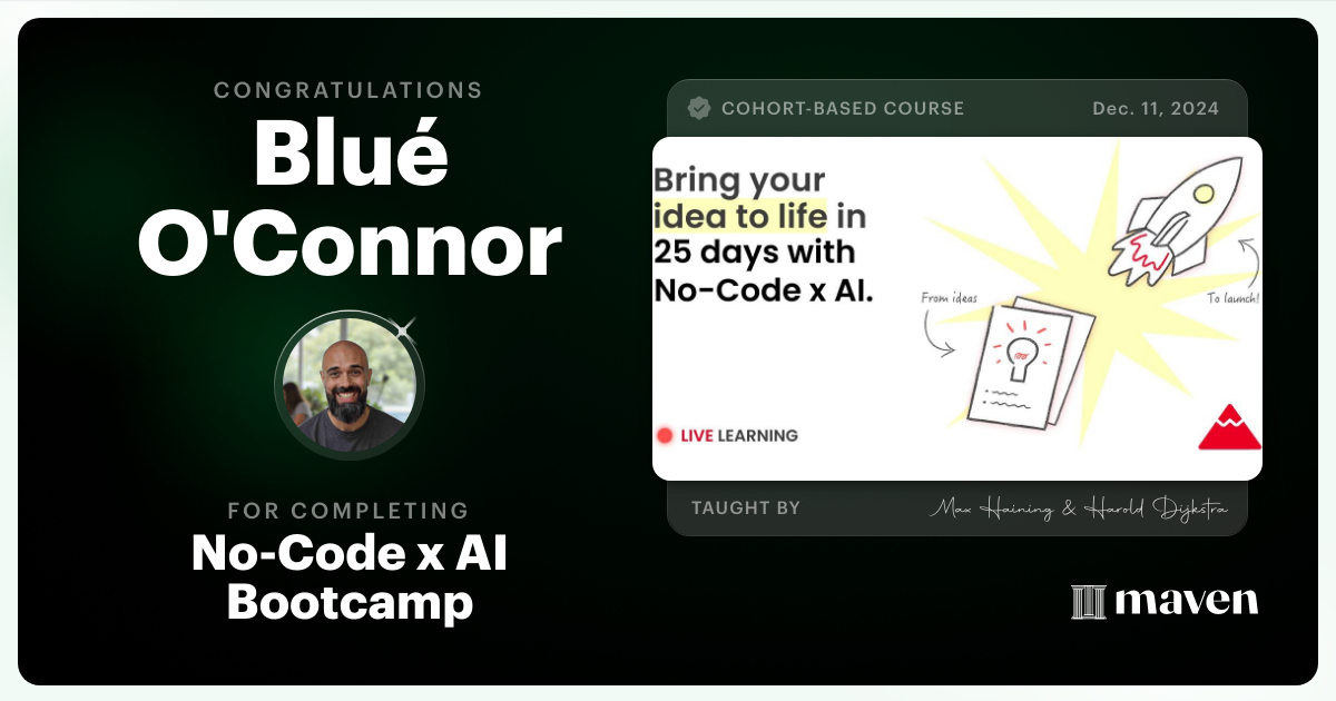 Certificate of Completion for No-Code x AI Bootcamp