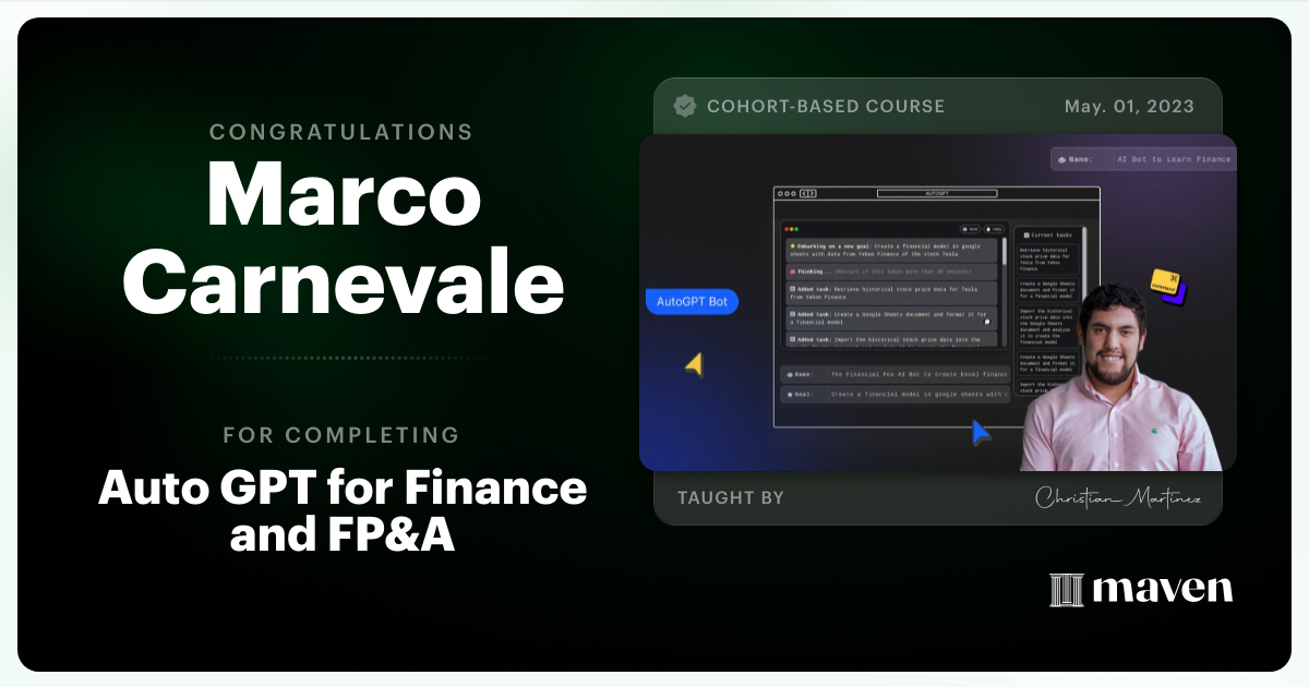 Certificate of Completion for Auto GPT for Finance and FP&A