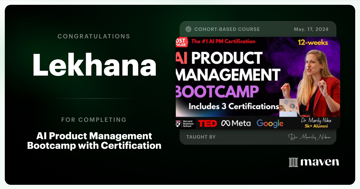 Certificate of Completion for AI Product Management Bootcamp & Certification by AI Product Academy