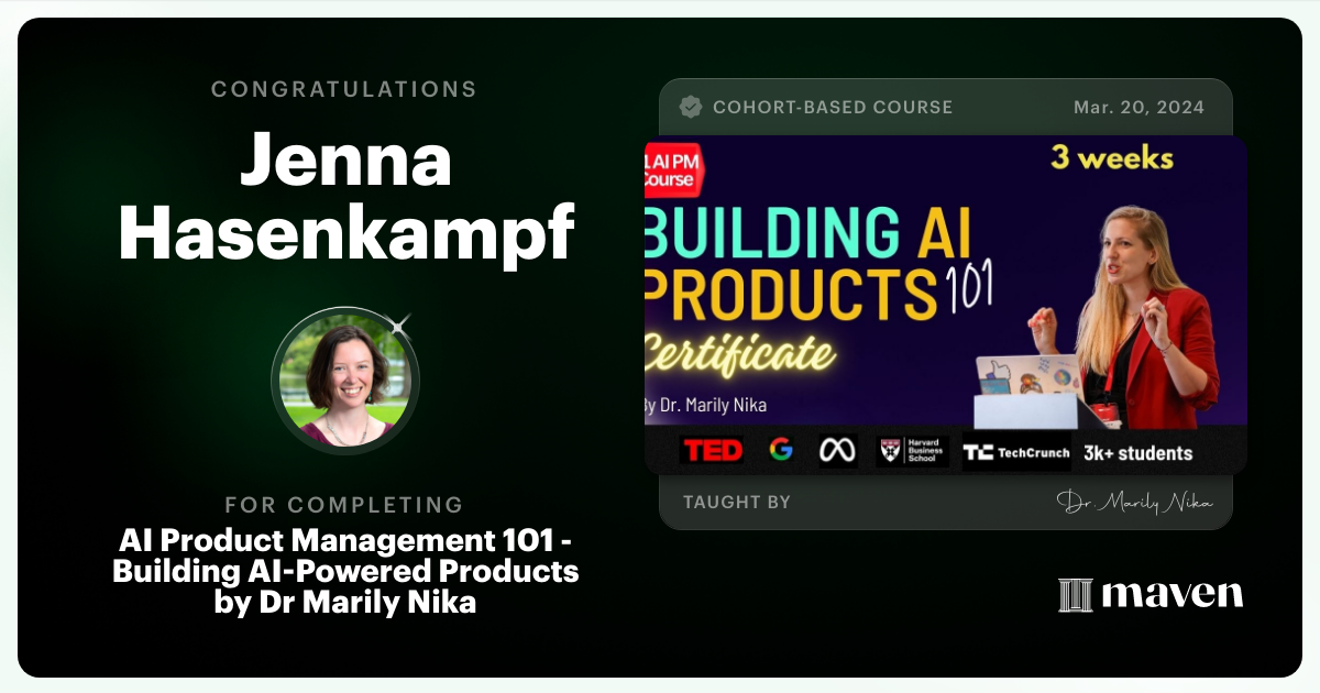 Certificate of Completion for AI Product Management 101 & Certification - Building AI Products end-to-end