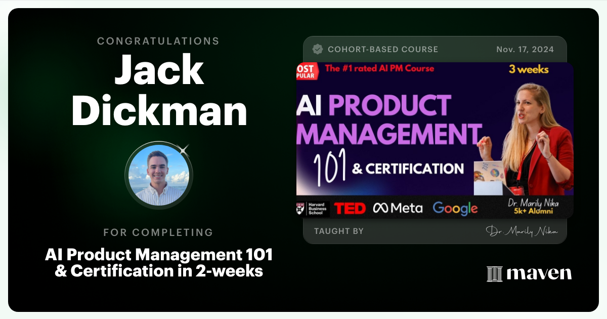 Certificate of Completion for AI Product Management 101 & Certification - Building AI Products end-to-end