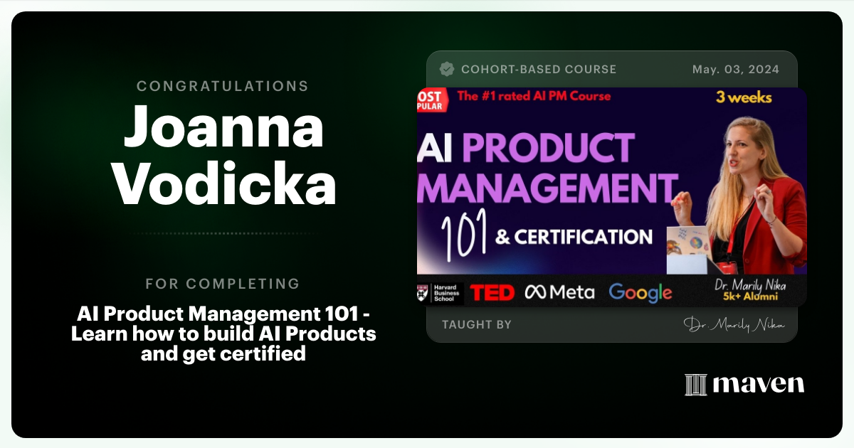 Certificate of Completion for AI Product Management 101 & Certification - Building AI Products end-to-end