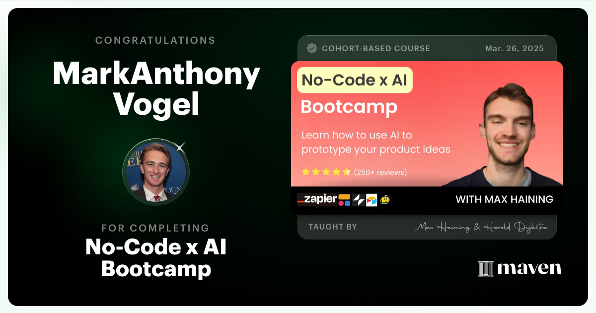 Certificate of Completion for No-Code x AI Bootcamp