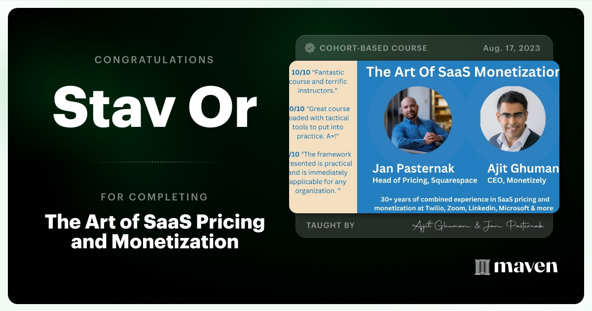 Certificate of Completion for The Art of SaaS, AI and Agentic Pricing